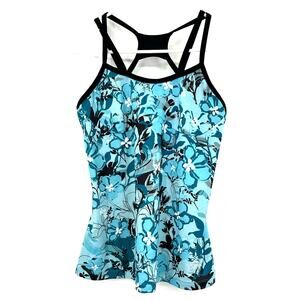 Asics Size Medium Tank Top Blue Floral Criss Cross Back Spaghetti Strap Athletic